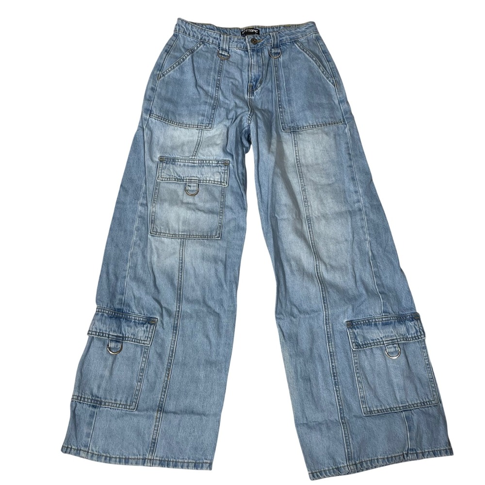 Y2K Hot Topic Denim Metal D-Ring Wide Barrel Leg Cargo Jeans Rave Skater Size 5